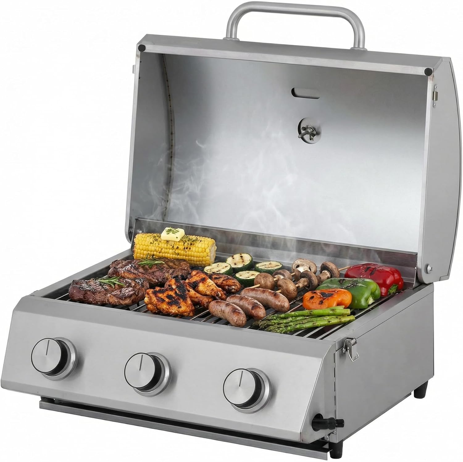 bleujardin - Barbecue à gaz portable - inox - 3 brûleurs, thermomètre, allumage piézo - CATHAN
