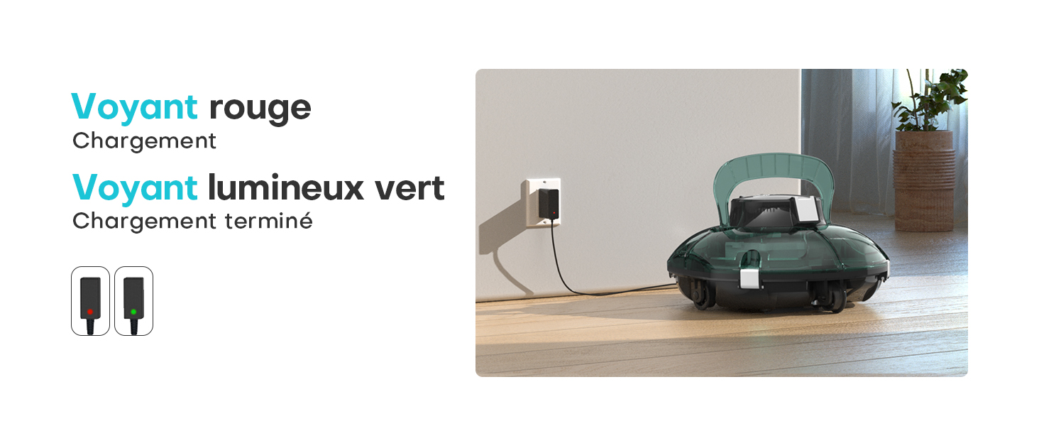 Petit appareil électronique dont les voyants de charge sont affichés en rouge et vert, accompagnés des icônes du câble de recharge et du texte en français.