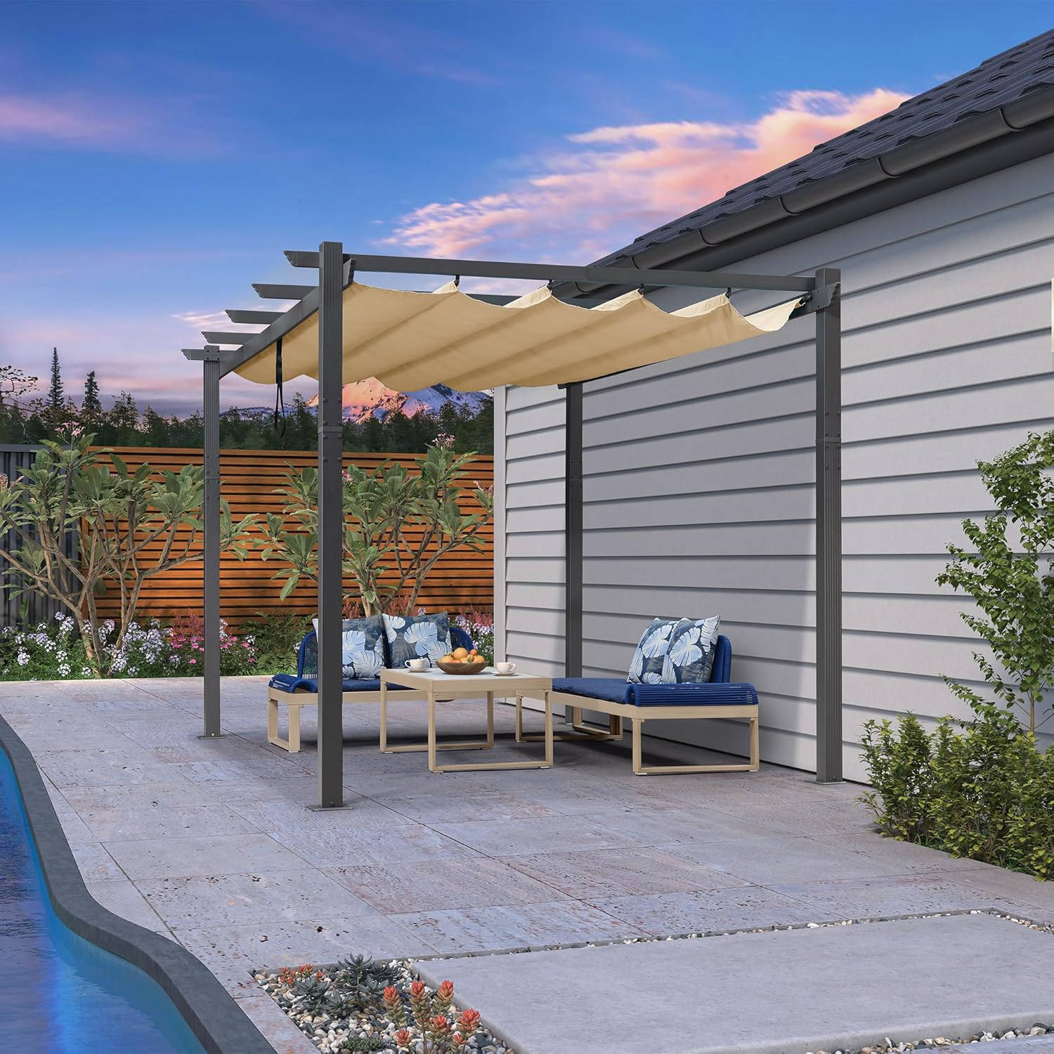 bleujardin - Pergola murale - 4 x 2,7 m - toit coulissant alu, tissu kaki