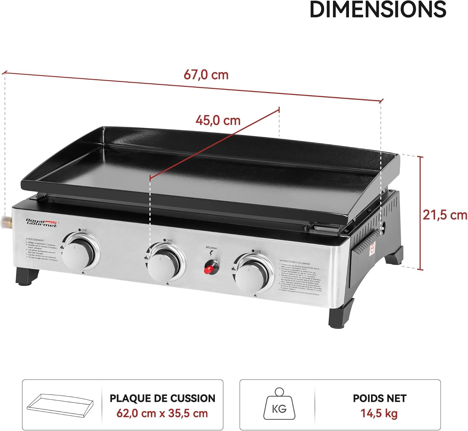 bleujardin - Plancha Gaz 3 brûleurs - 62x35,5 cm - acier émaillé, portable, 7.5kW