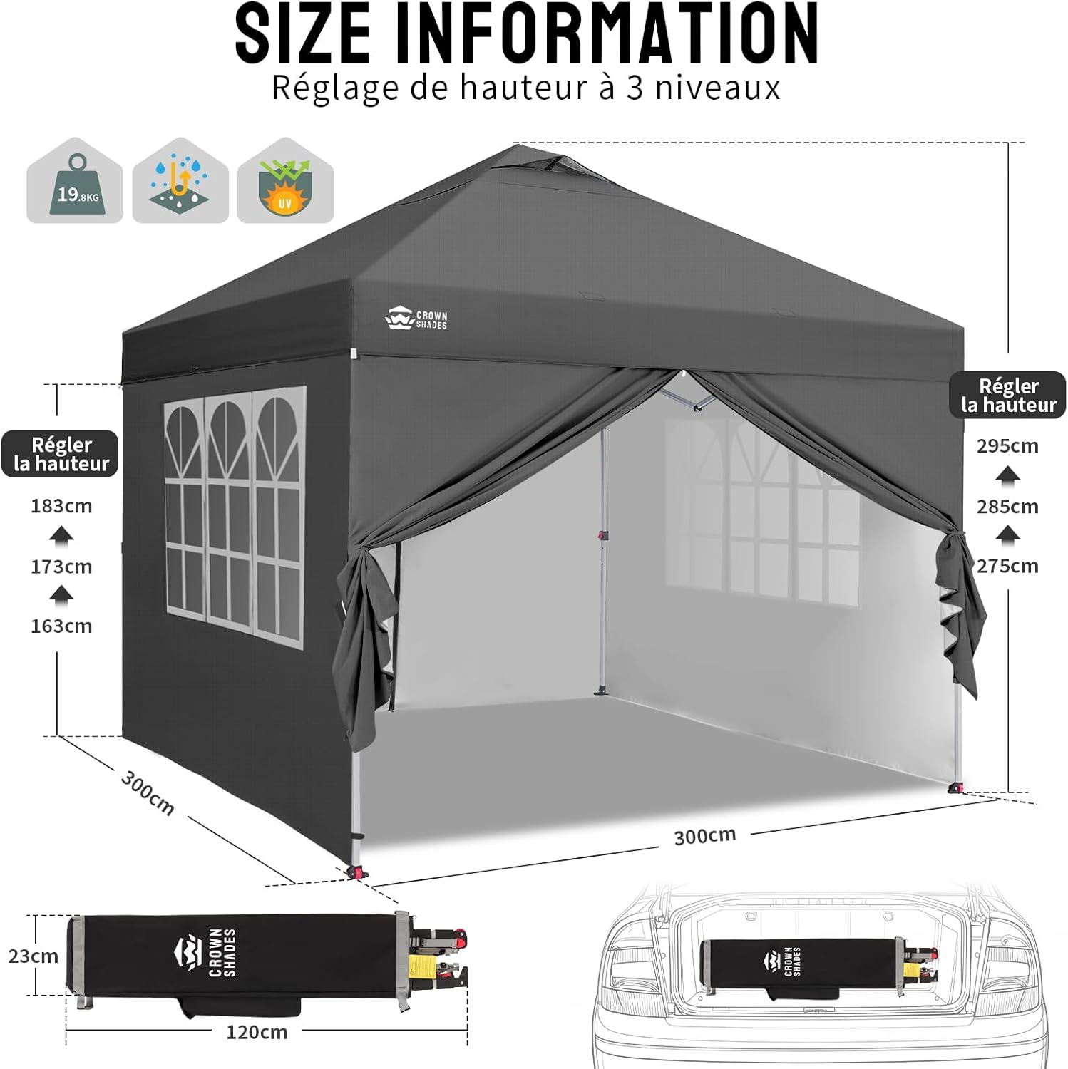 bleujardin Tonnelle Pliante 3x3 Imperméable, Barnum Pliant de Jardin Exterieur, Pop-Up Gazebo avec Sac de Rangement, UPF 50+, avec 4 Parois Latérales Amovible, 4 Sac de Sable, Gris