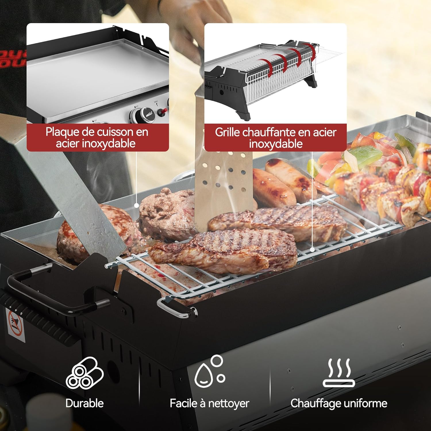 bleujardin - Plancha gaz inox 3 brûleurs 61,5x32cm, 7,5kW, usage extérieur