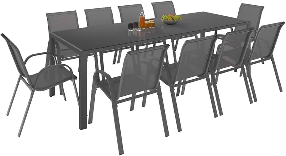 bleujardin - Madrid série - Table 240cm, 10 chaises empilables, gris anthracite