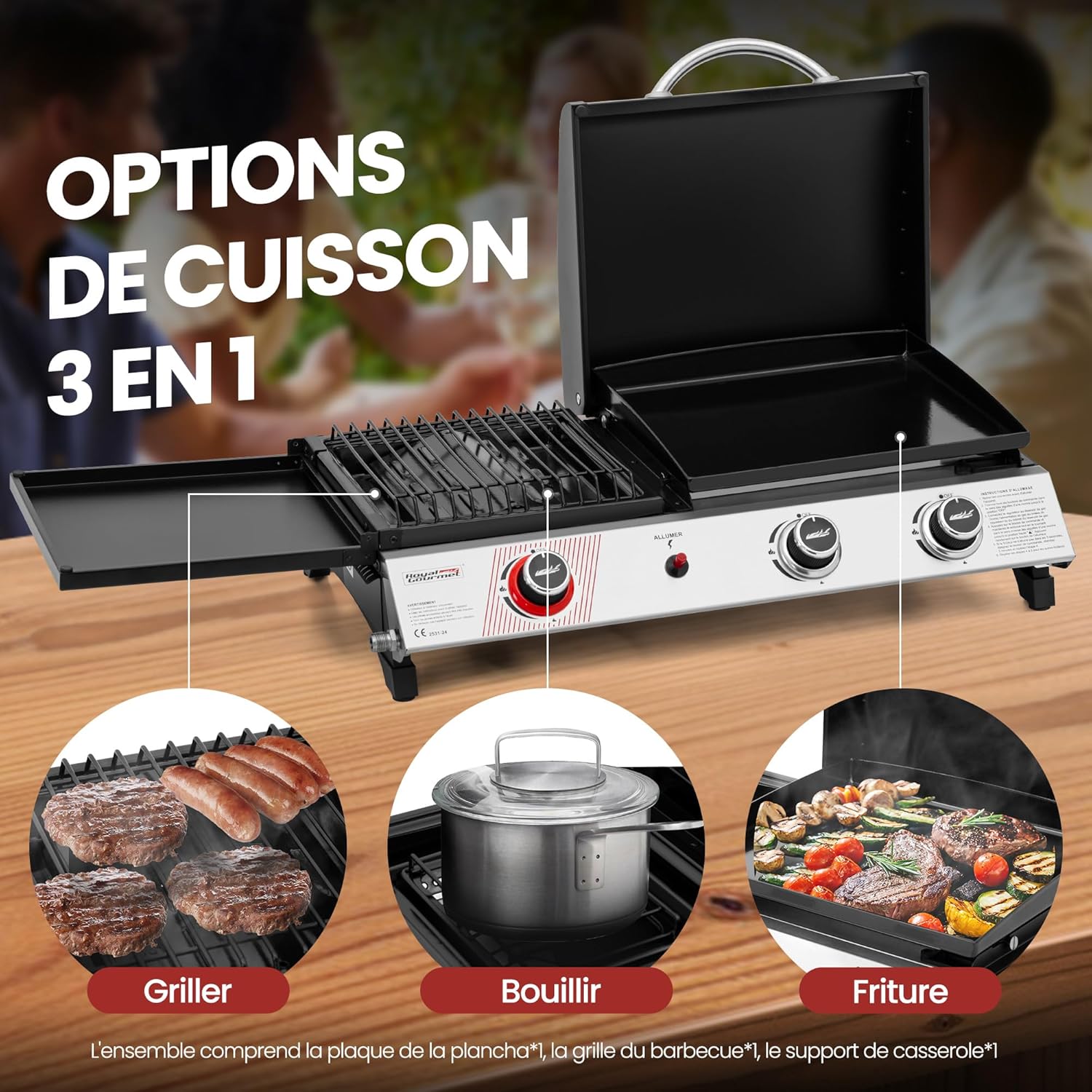 bleujardin - barbecue gaz 3 brûleurs - 8,5kW - plancha, grille, couvercle multifonction