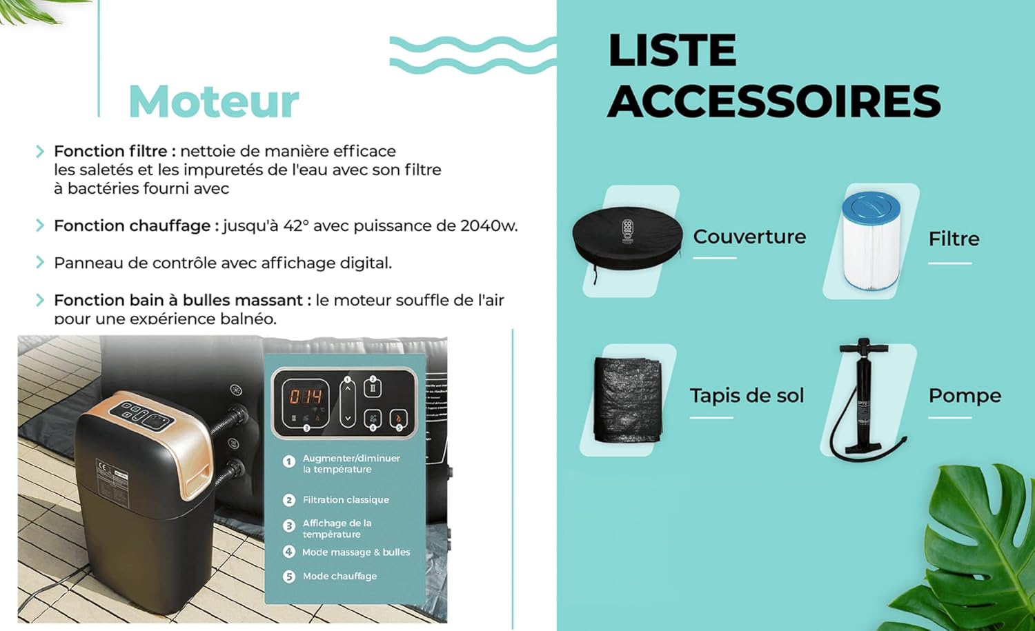 bleujardin Helsinki Spa Gonflable - 150 cm de diamètre - 800 litres - Moteur 2240 W - 2 à 4 Personnes - Massage 140 Jets