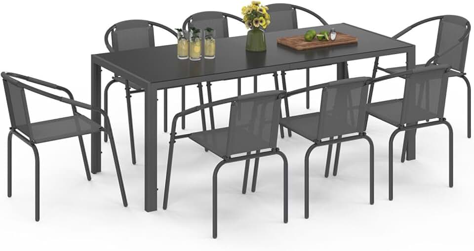 bleujardin - Salon Thelma - table 190 cm + 8 chaises empilables - gris anthracite