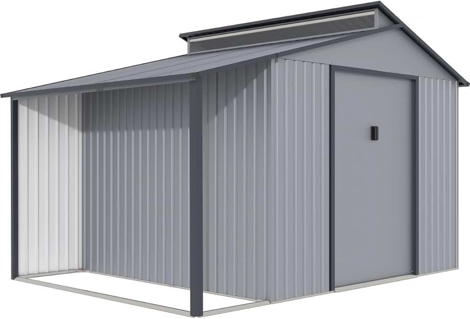 Abri de jardin métal avec pergola - 9,12 m² - 257x355x237cm - gris