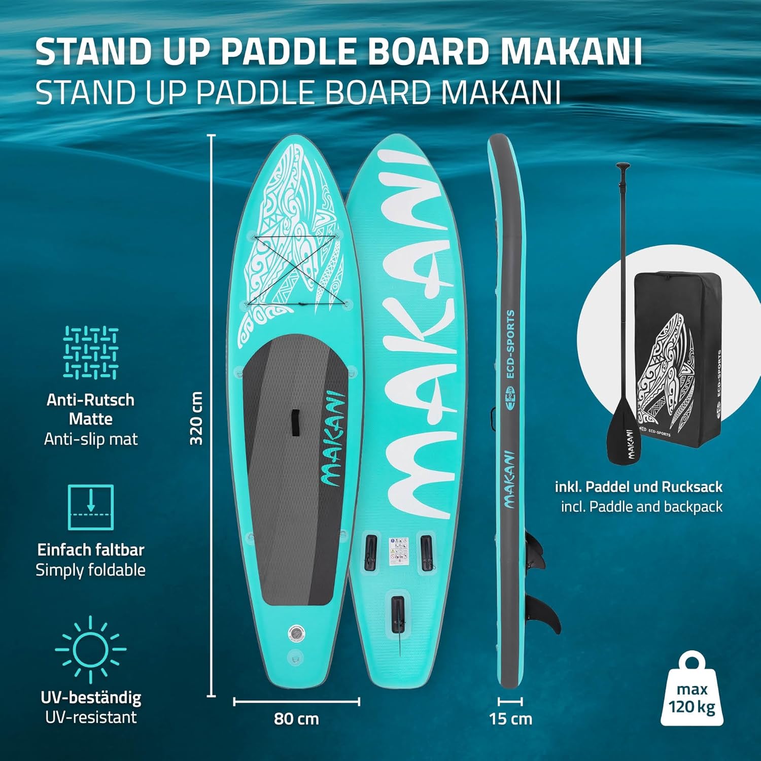 bleujardin - Stand Up Paddle Board - 305/308/320/380 cm - PVC, jusqu’à 150 kg, 10/15 cm, sac, pompe