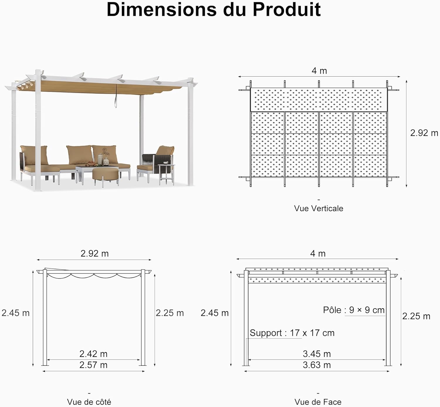 bleujardin - Pergola aluminium - 4x3m - éclairage intégré, toit kaki