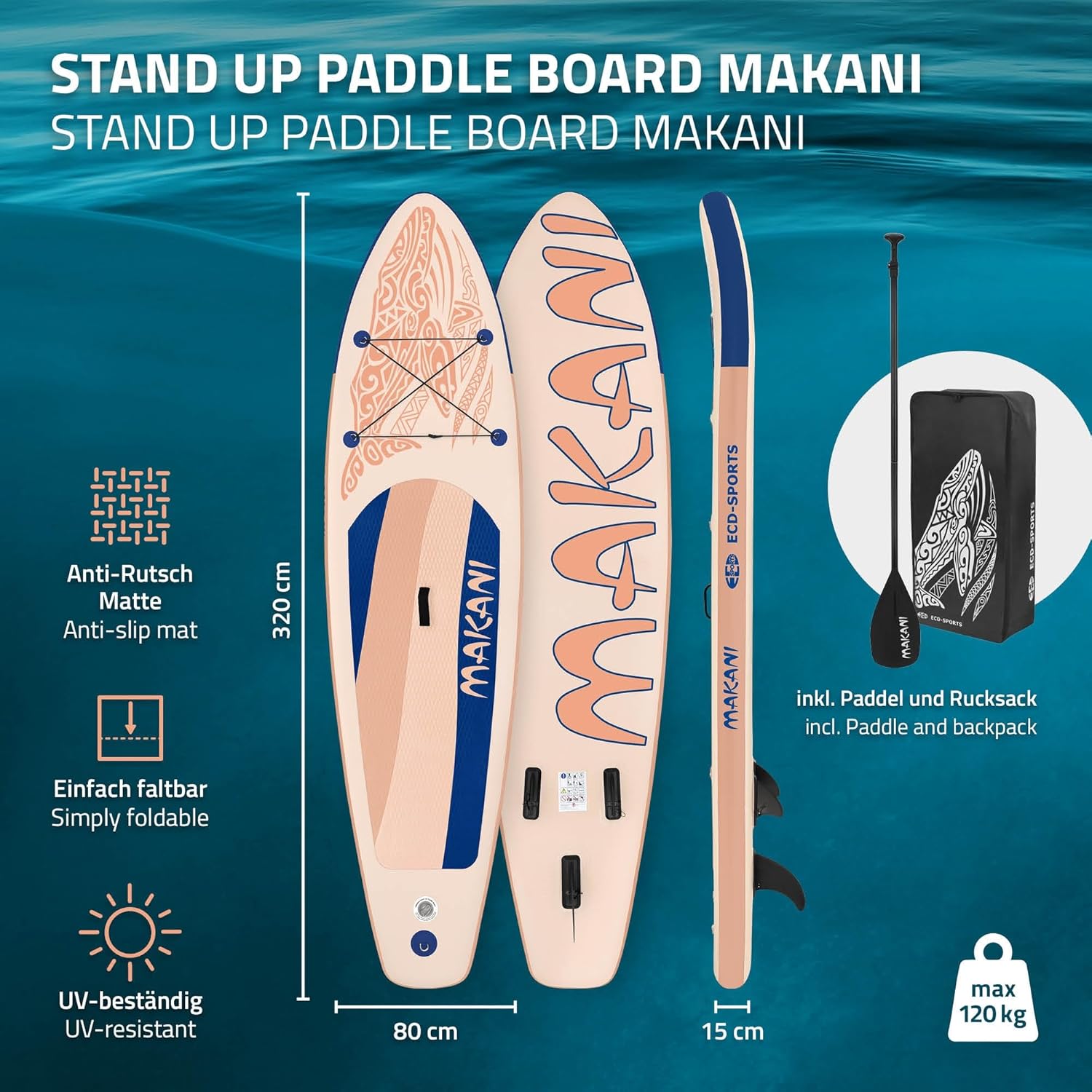 bleujardin Stand Up Surf Paddle Board Gonflable 305/308/320/380 cm | PVC | jusqu'à 120/150 kg | Épaisseur 10/15 cm | Planche de Surf Pagaie Sac de Transport Pompe à Air | Diverses Couleurs Modèles