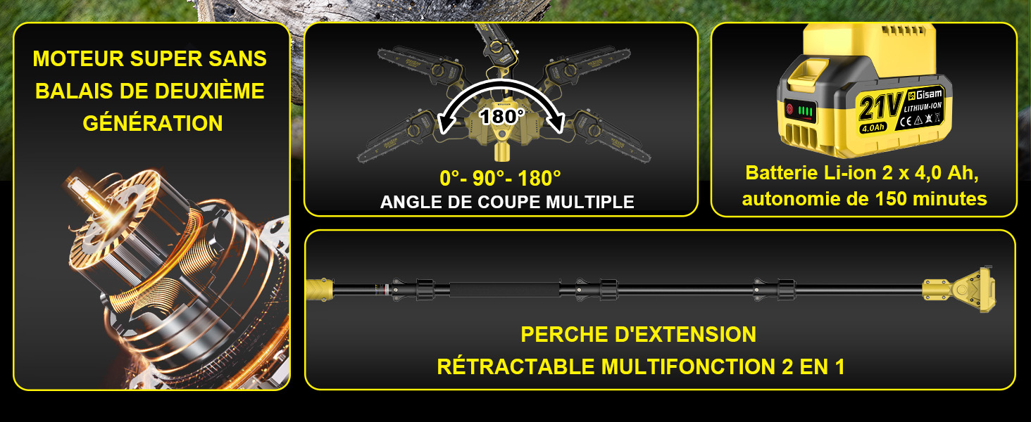 Le texte indique « MOTEUR SUPER SANS BALAIS DE DEUXIÈME GÉNÉRATION » et « PERCHE D'EXTENSION RÉTRACTABLE EN FONCTION 2 EN 1 ». Schéma technique du produit montrant les composants mécaniques.