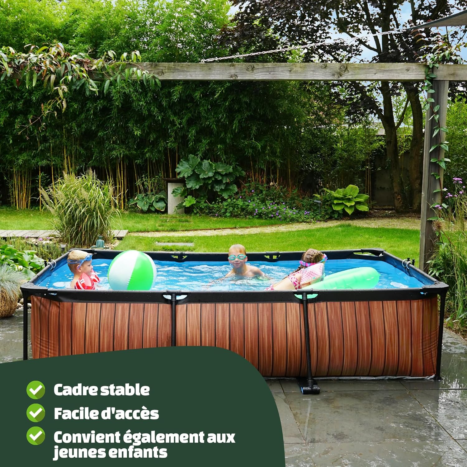 bleujardin Piscine en Bois - 220 x 150 x 65 cm - Rectangulaire et compacte - avec Pompe à Filtre à Cartouche - Facile d'accès - Convient pour Les Tout-Petits - Cadre Solide - Design Unique - Marron
