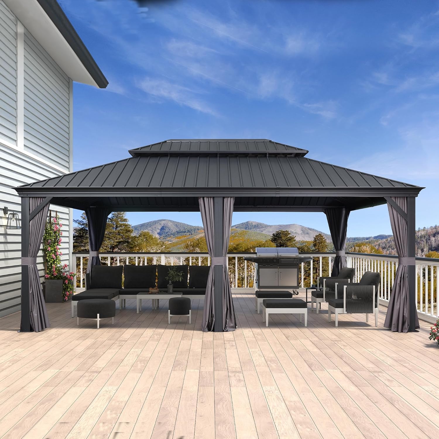 bleujardin - tonnelle toit double acier, 6x4,25m, moustiquaire, rideaux