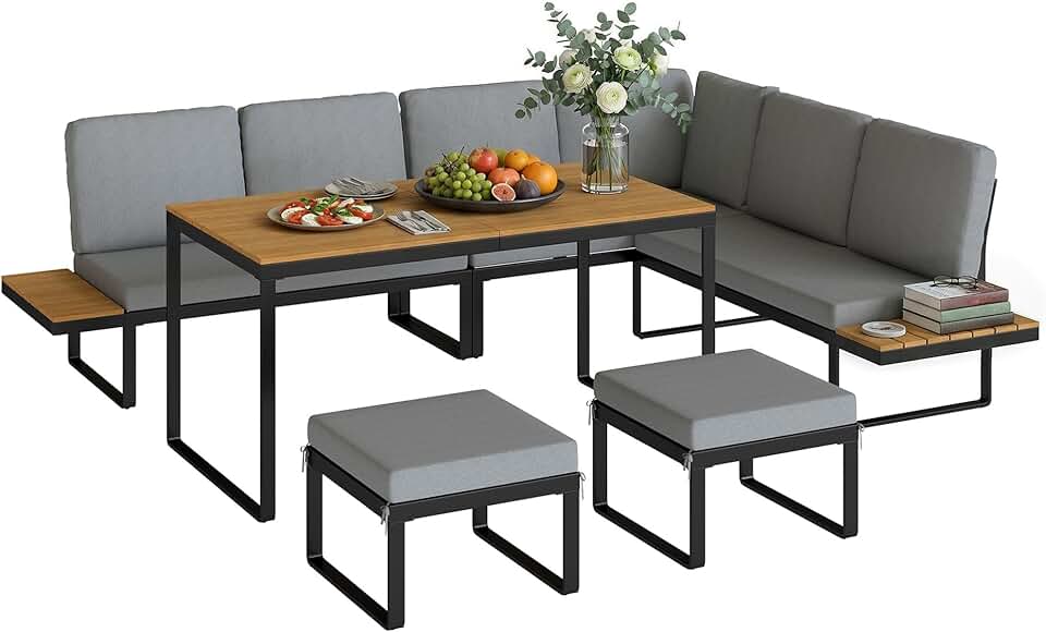 Salon de Jardin bleujardin - 6-8 pers - Ensemble aluminium, table haute, canapé d'angle, table bois composite, gris - OJ-6