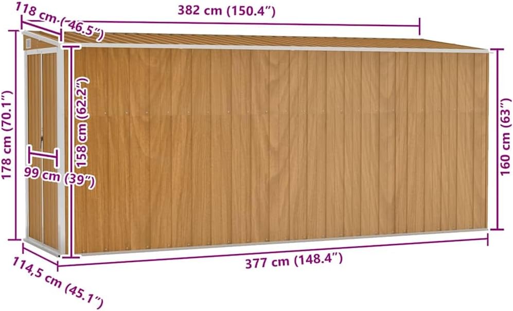 Abri de jardin mural marron 118x382x178 cm acier galvanisé, 47.9kg