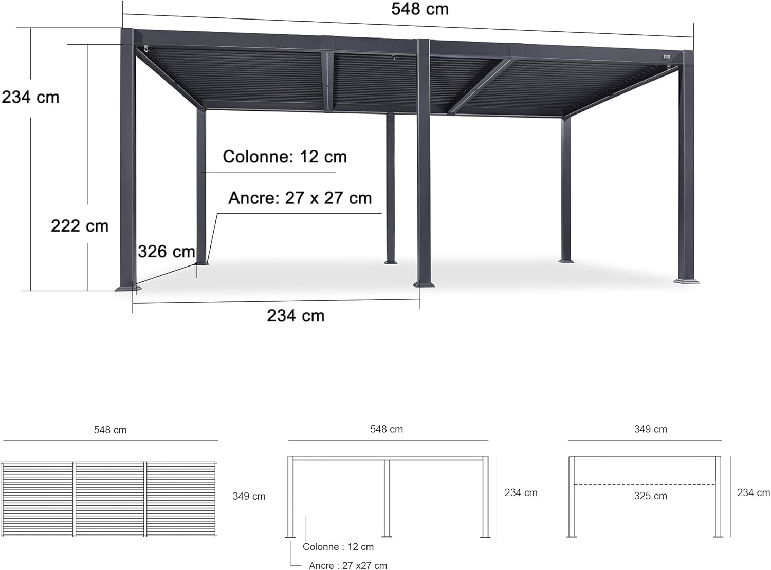 bleujardin - Pergola bioclimatique - 3,5x5,5m - alu, lames LED, étanche