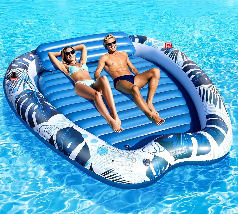 bleujardin - Matelas gonflable série piscine - 230x170cm - 2 porte-boissons, appui-tête, 2 personnes