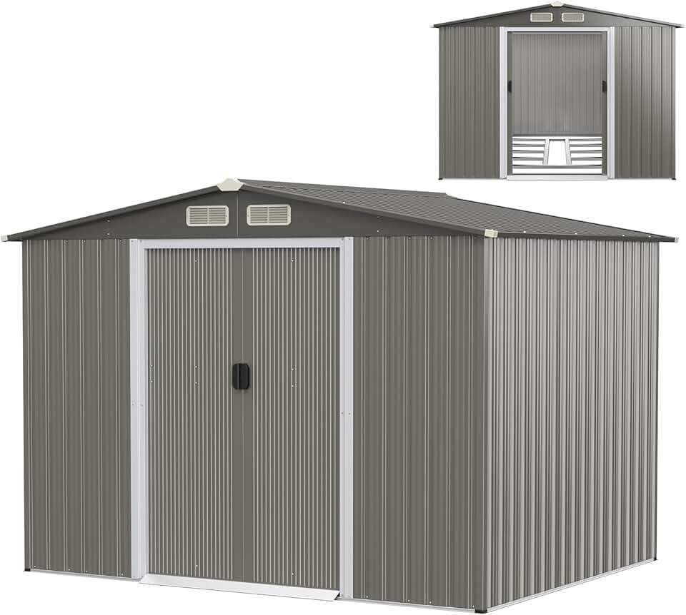 bleujardin Abri de Jardin 4.7㎡en Acier Galvanisé Anti-UV, 260 x 207 x 181 CM, Cabane de Jardin Exterieur 9.7 m³ avec Fondation et Porte Coulissante, Rampe, 4 Trous d’Aération, 4 Gants Inclus, Gris Foncé
