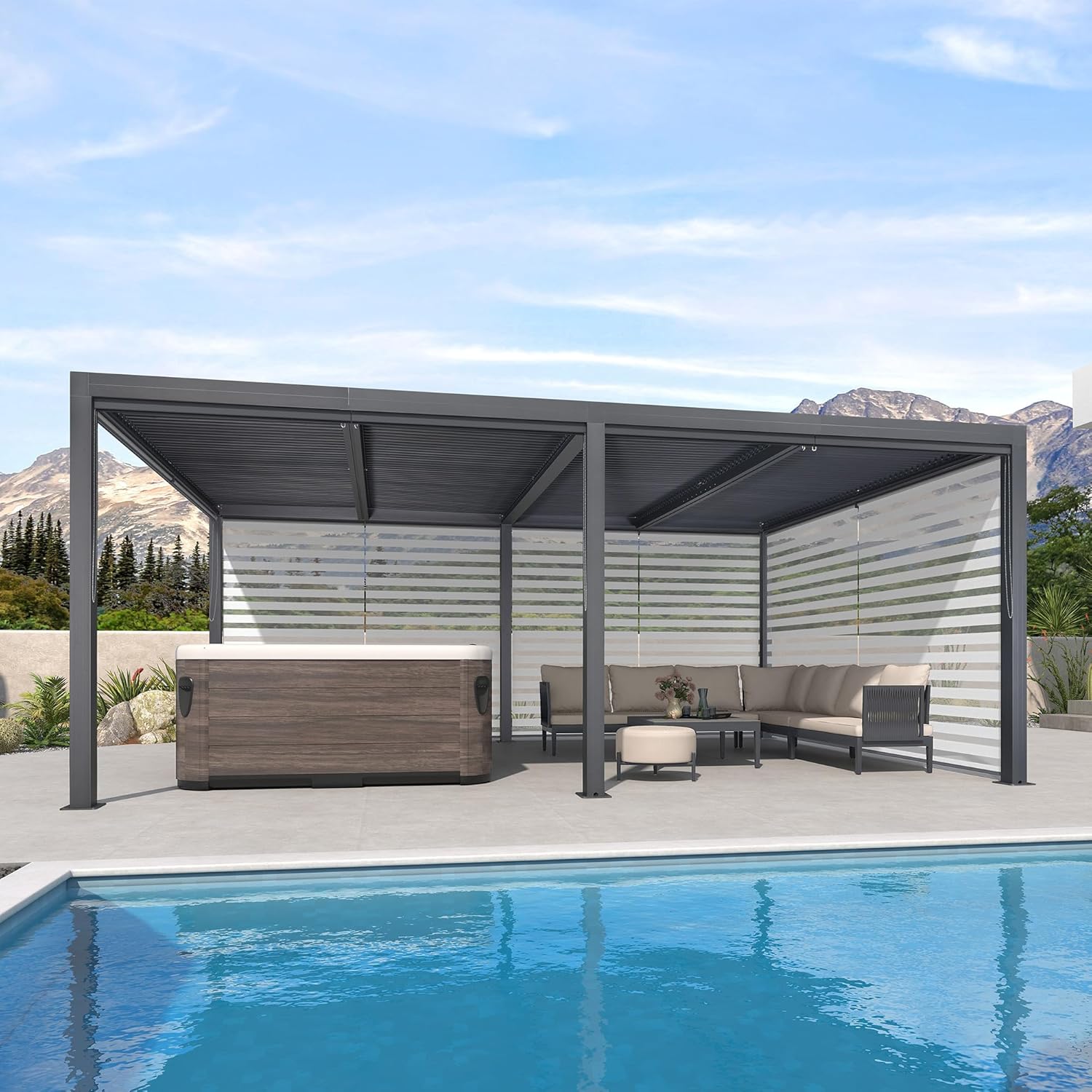 bleujardin - Pergola Bioclimatique 6x3,68m - aluminium, stores, lames orientables