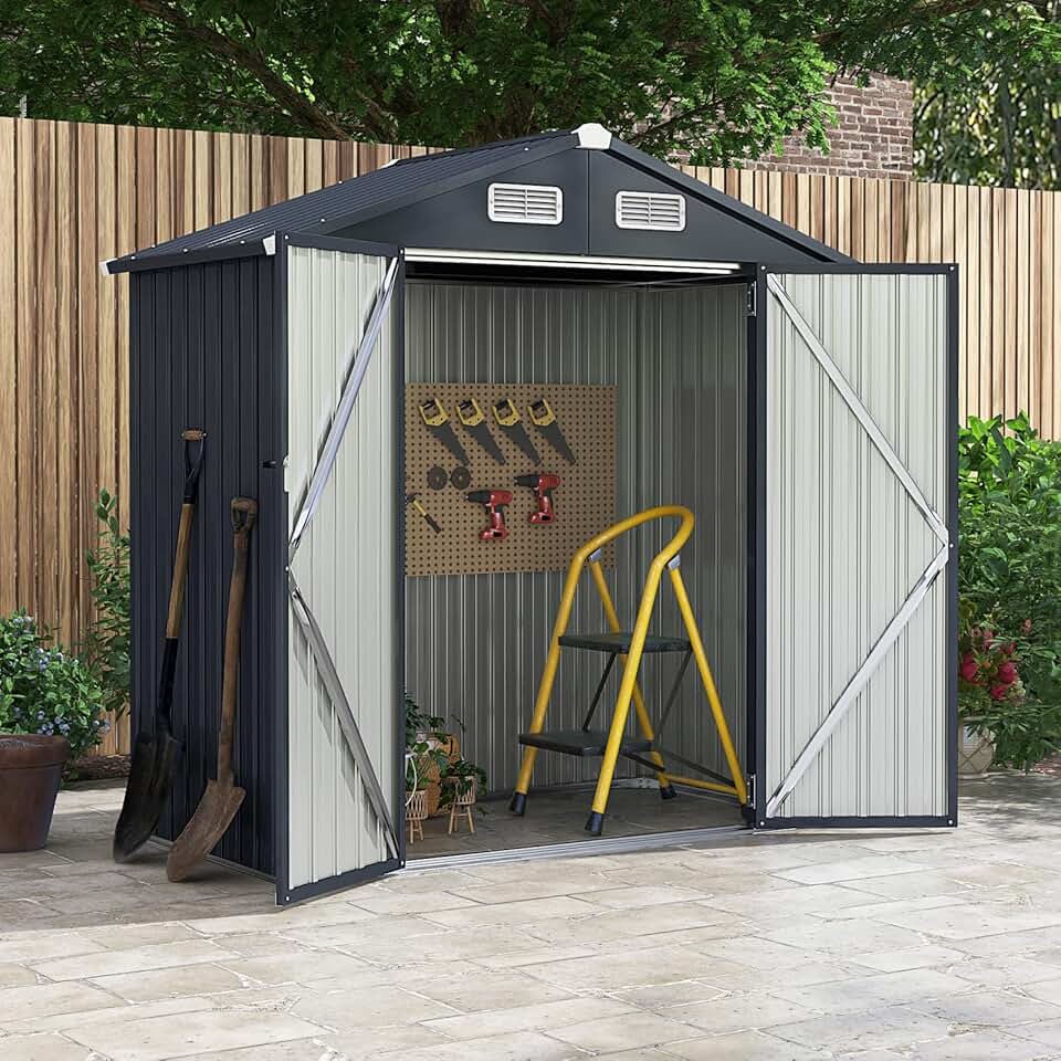 bleujardin Abri de Jardin Métal Galvanisé 3,4 m³,Double Porte Verrouillable avec Clé, Cabane de Jardin Exterieur, Abri Rangement Exterieur pour Vélo, Poubelle, Outil