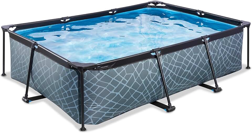 bleujardin Piscine Tubulaire Stone - 220x150x65cm - Piscine Hors Sol Rectangulaire avec Pompe Filtrante à Cartouche - Entrée Basse - Idéal pour Les Jeunes Enfants - Cadre Stable - Design Unique - Gris