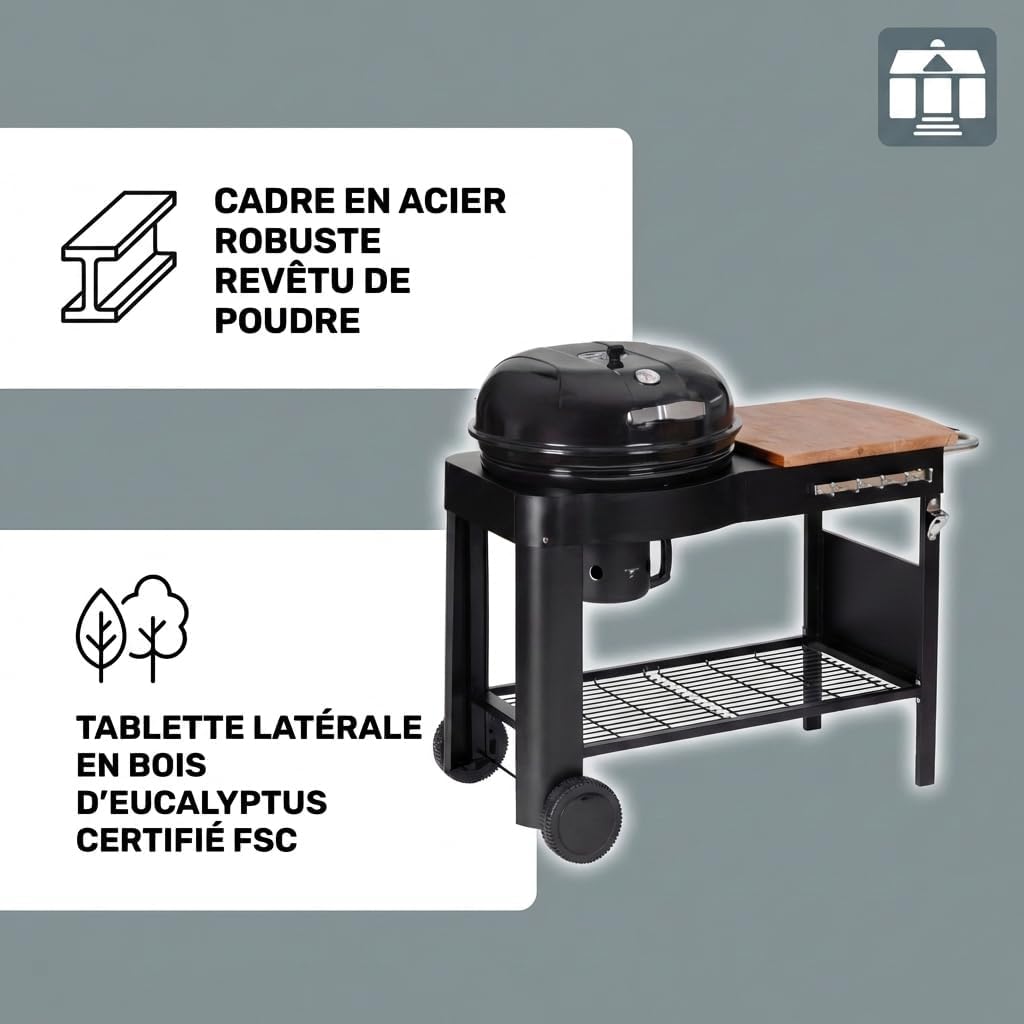 bleujardin - Barbecue Calgary - acier/bois - couvercle thermomètre, tablettes, 2 roues, noir