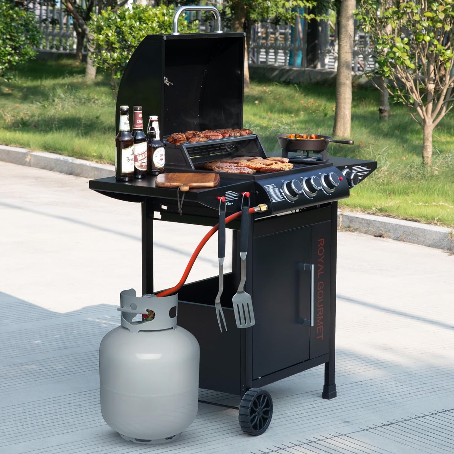 bleujardin - barbecue gaz 3+1 brûleurs inox - 11,5 kW - chariot, 2 roues, thermomètre