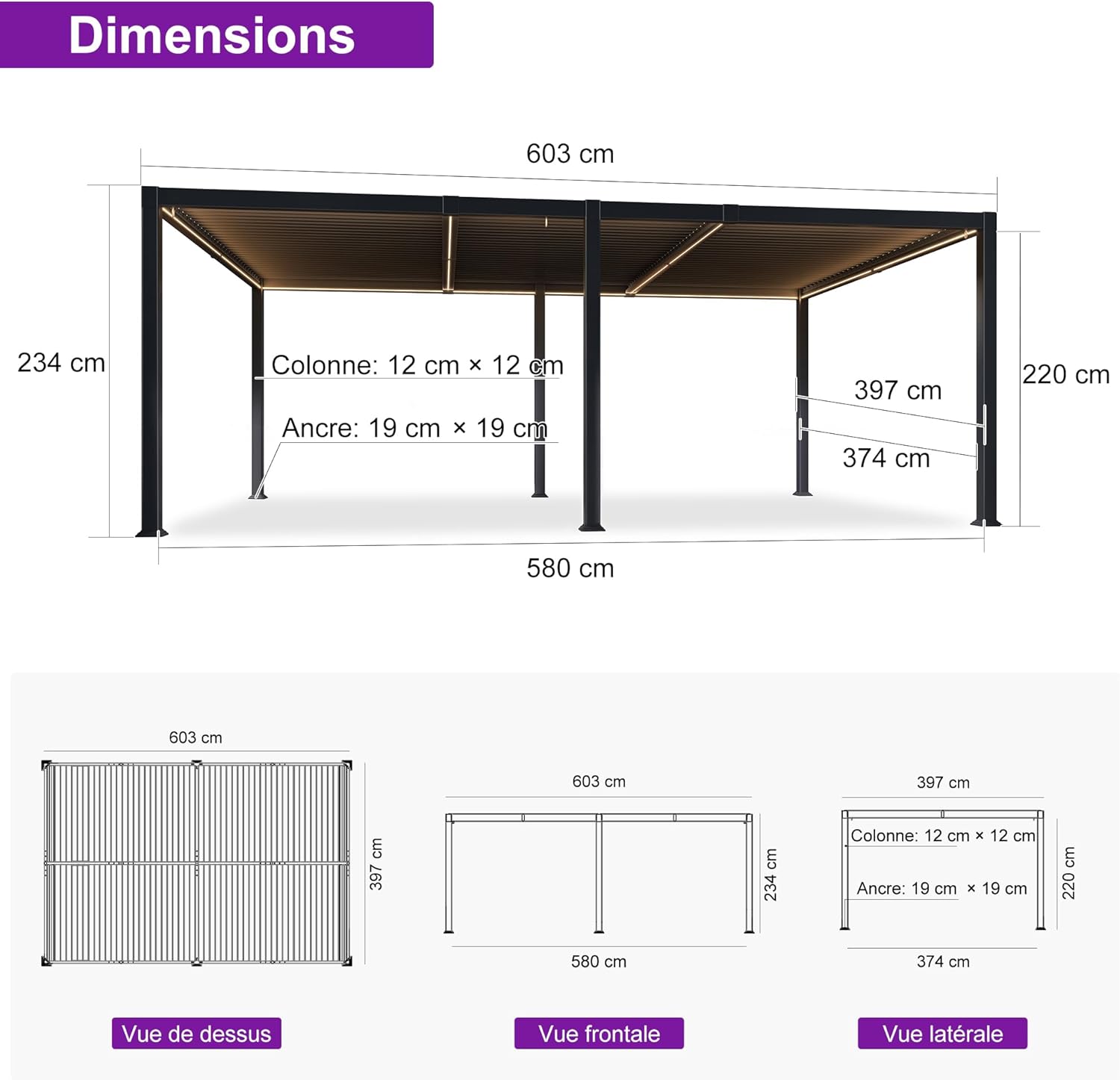 bleujardin - Pergola bioclimatique - 4x6m - alu lames LED gris