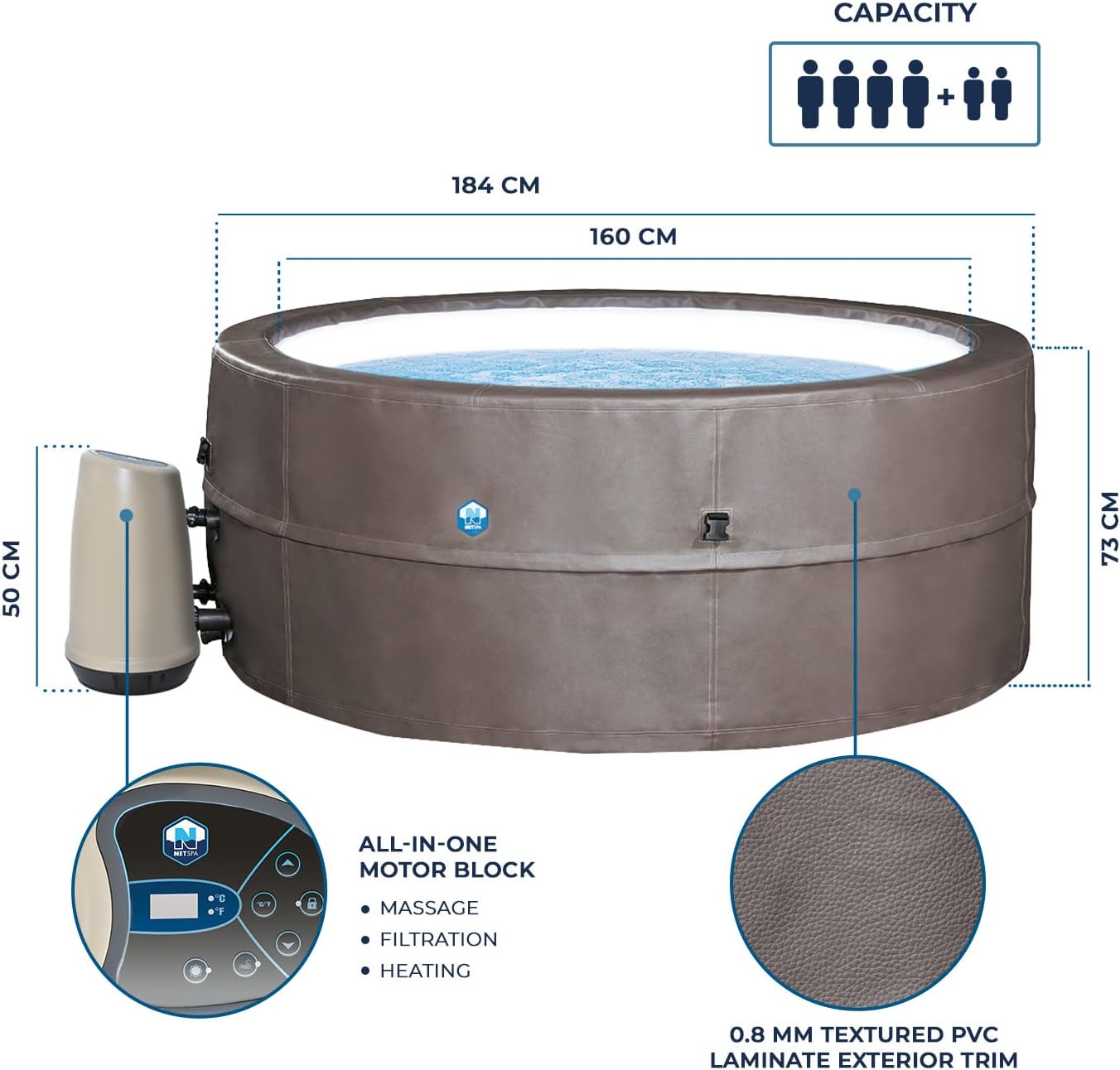 bleujardin - Spa - Vita Premium - SP-VIP160C - Gonflable - 6 Places (4 Adultes + 2 Enfants) - Bache De Protection - Réchauffeur - 1100 L - Couverture Simili-Cuir Premium