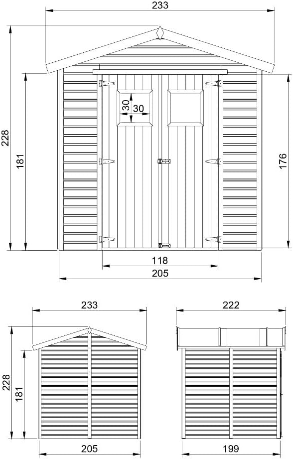 Abri de Jardin en Bois Naturel - Stockage extérieur avec fenêtres H228x222x233 cm/4,2 m² Hangar en Bois Naturel - Atelier Rangement Outils et vélos- bleujardin M351