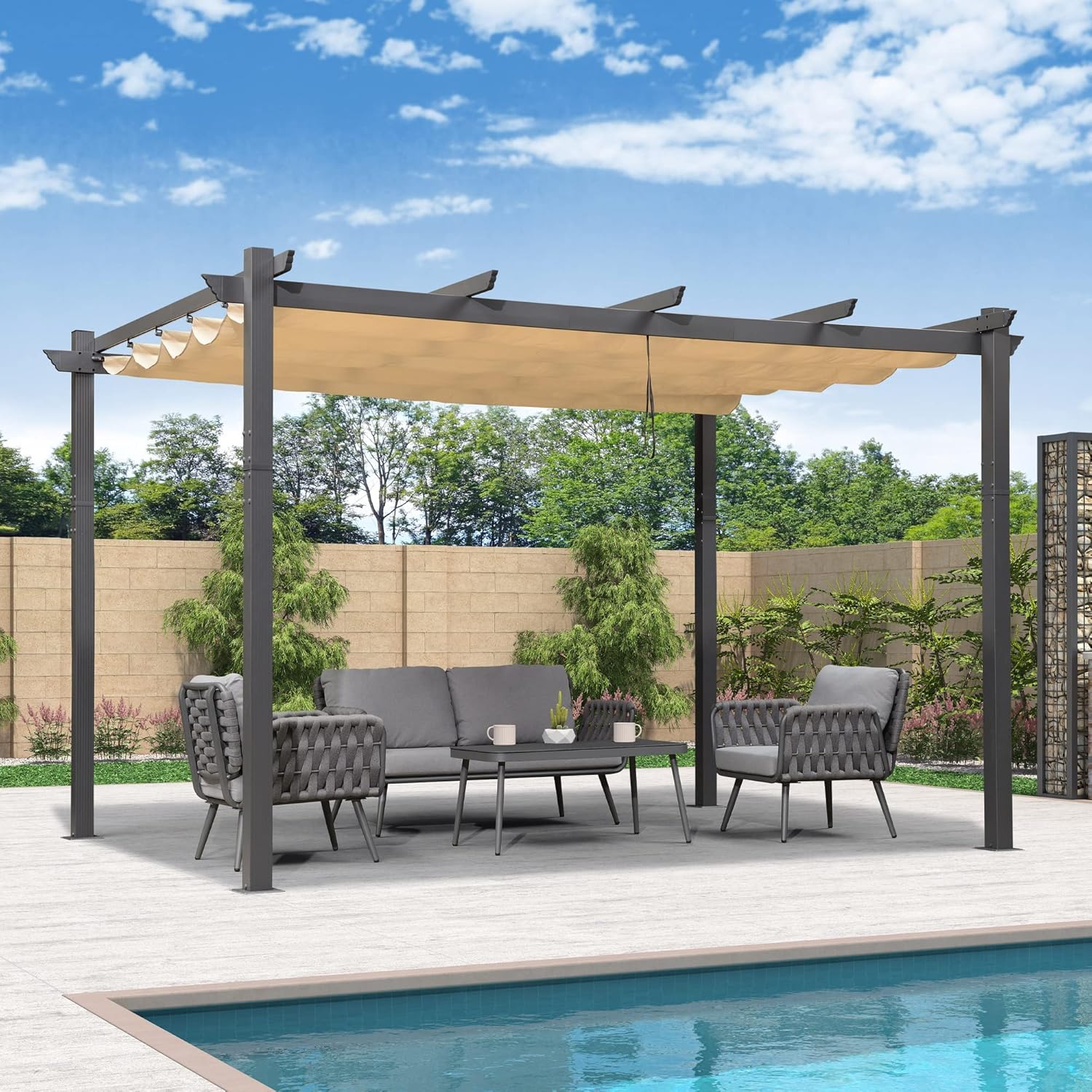 bleujardin - pergola aluminium série - 4x3,2m - toile teintée, toit coulissant, kaki