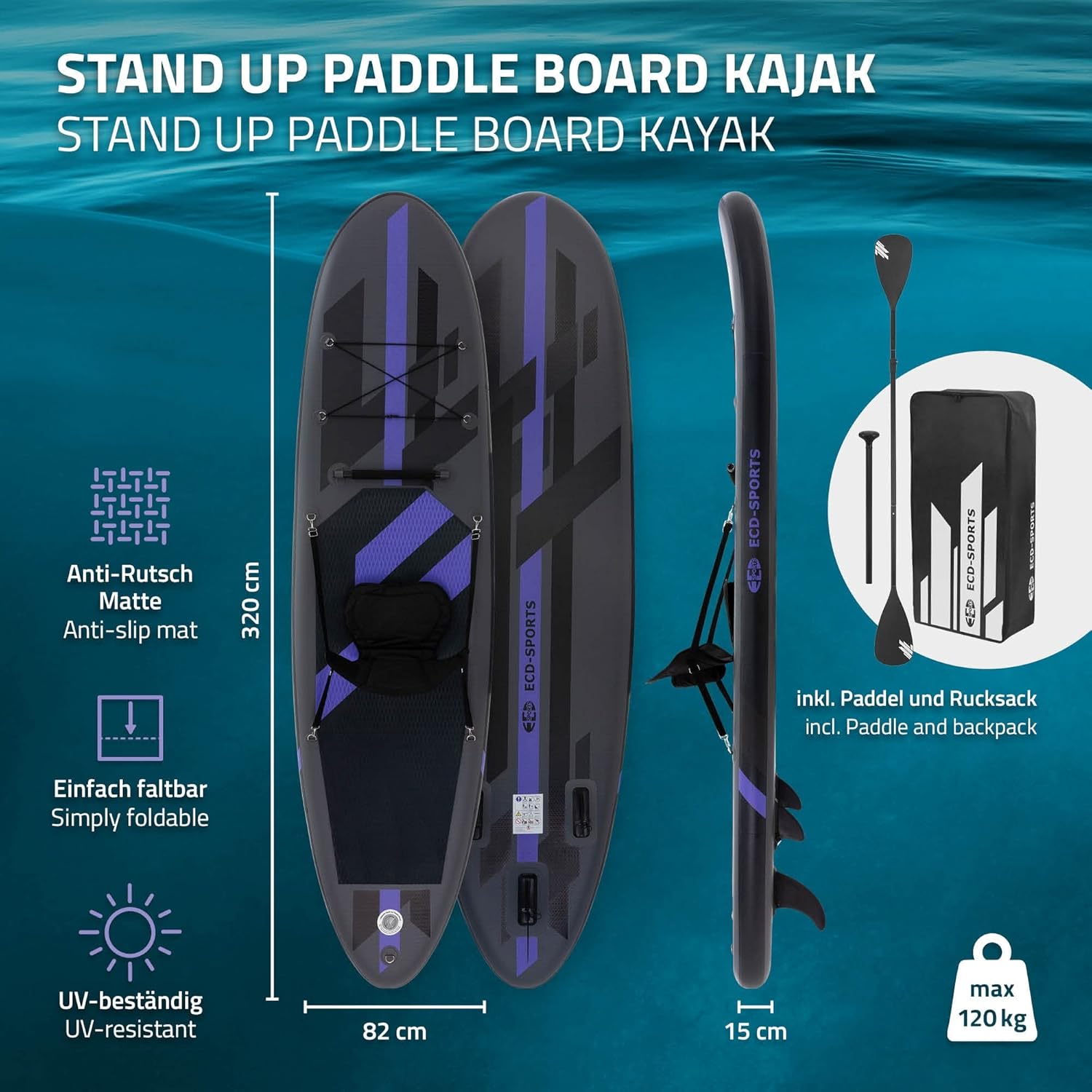 bleujardin - Stand Up Paddle Gonflable - 305/308/320/380 cm - PVC, 120/150 kg, 10/15 cm