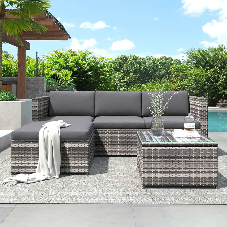 bleujardin - Salon de jardin 3 places  - rotin, coussins, table verre, gris
