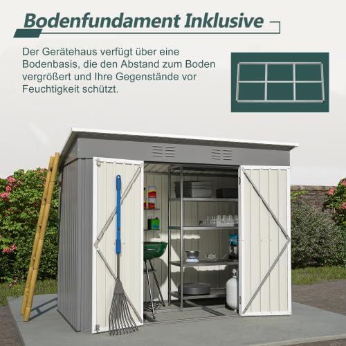 Abri de jardin en métal 229x111 cm – Gris, résistant aux intempéries avec cadre de fondation et porte verrouillable, pour vélos et outils, remise 8x4 pi