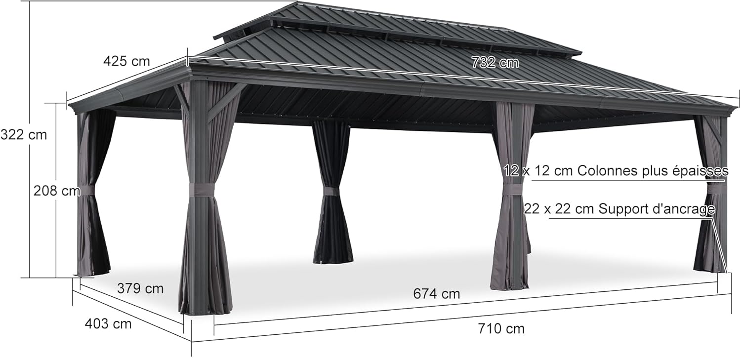 bleujardin - Pergola série extérieure - 7.32x4.25m - alu, éclairage, moustiquaire, rideaux, gouttière, poteaux renforcé