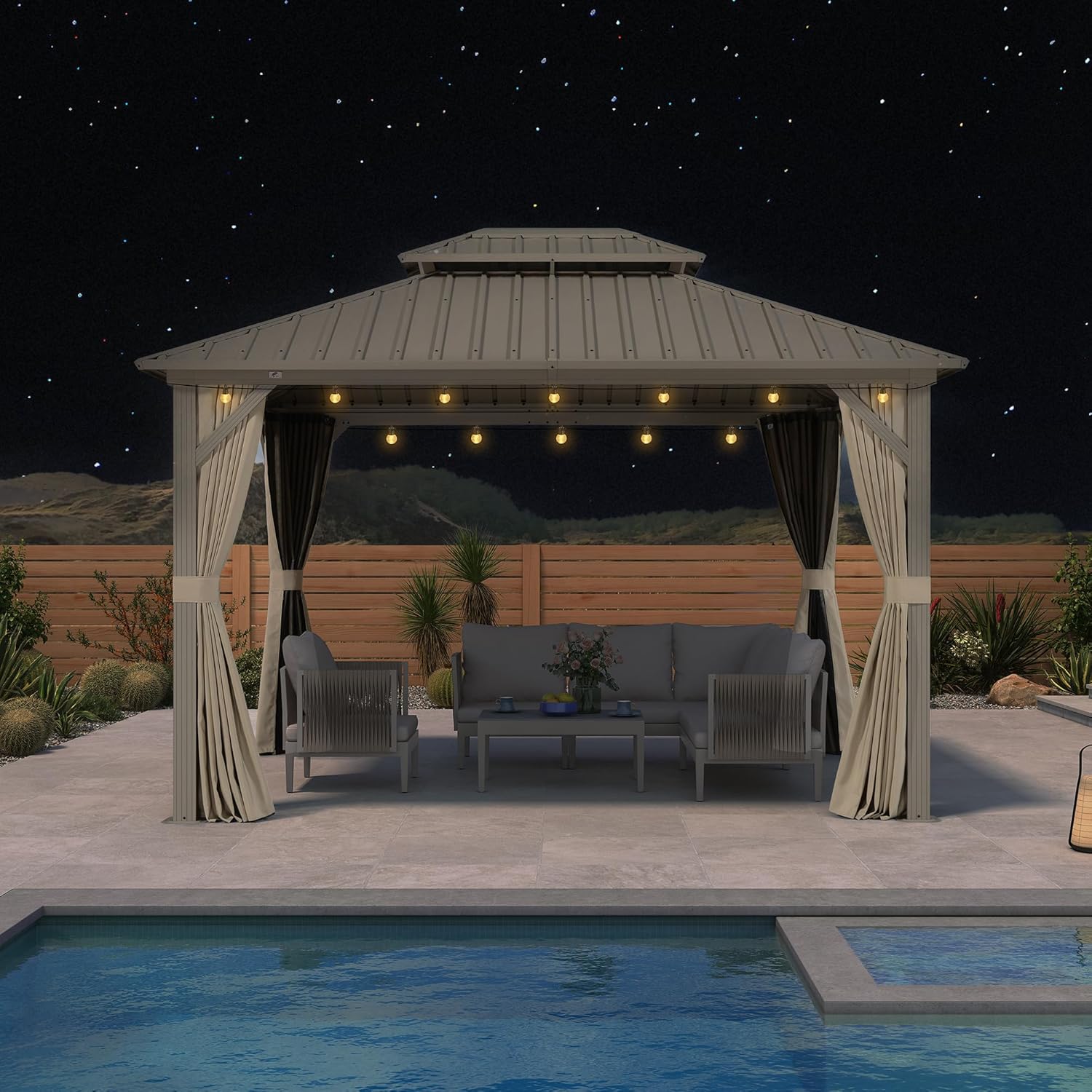 bleujardin Tonnelle de Jardin Extérieur 3,65 x 3 m avec Éclairage Extérieur, Pergola Aluminium à Toit Rigide en Acier Galvanisé, Pavillon Imperméable pour Camping, Fête, Barbecue, Champagne