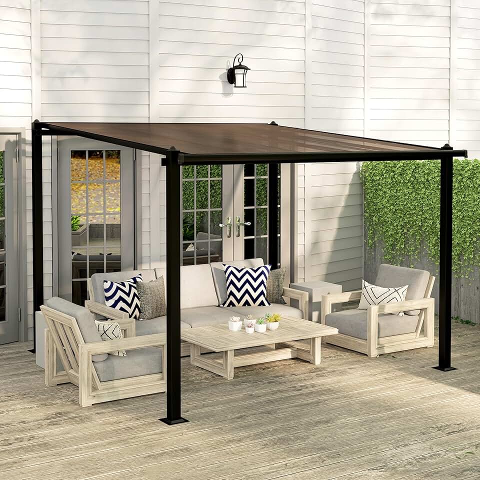 bleujardin - Pergola adossée aluminium - 3x3m - toit polycarbonate, drainage, UPF30+, gris