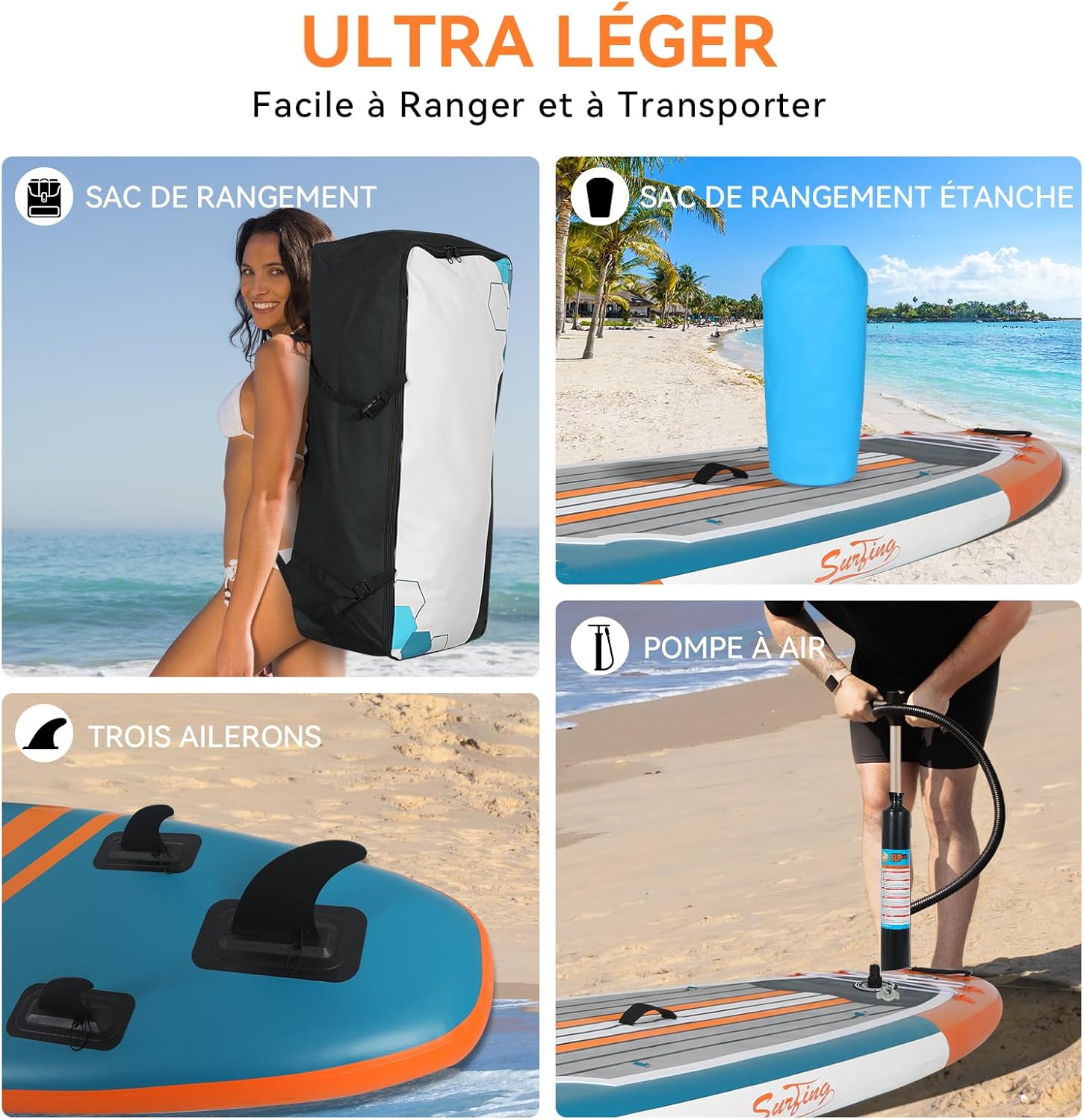 bleujardin - Paddle gonflable adulte - 320/335cm - 2 personnes, siège kayak, pagaie alu, caméra, pompe, 150kg
