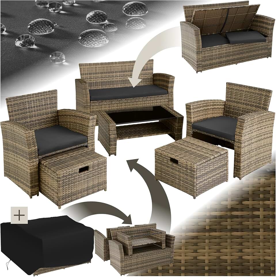 bleujardin - Ensemble salon de jardin 6 places - poly rotin, coussins épais, table basse, marron naturel