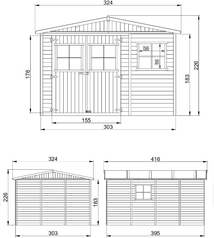 ABRI de Jardin en Bois Exterieur avec Les PLANCHERS IMPRÉGNÉ - en Pin/épicéa- H226x324x416 cm/12 m²- Construction de Panneaux- Rangement pour vélos, Remise à Outils- bleujardin M336+M336G