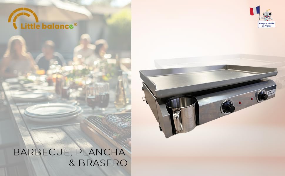 Le texte indique « my balance » et « BARBECUE, PLANCHA & bleujardin ». Image divisée montrant une scène de repas et une plaque de cuisson à plaque chauffante/plancha en acier inoxydable avec poignées.