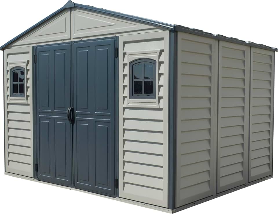 Abri de jardin bleujardin WoodBridge II PLUS - 10.5 x 8 (7.64 m²) - Plastique, kit fondation, 2 fenêtres, toit métal, sans 