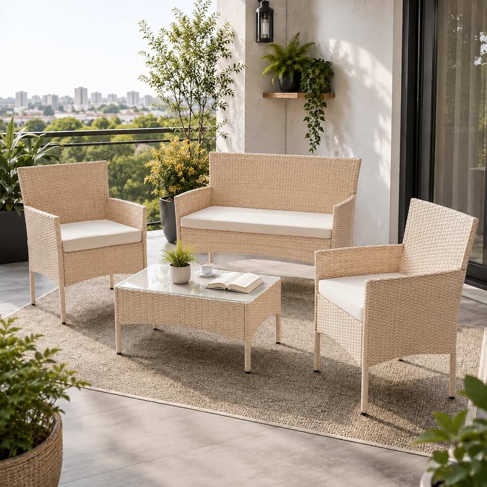 bleujardin - Fort Myers - ensemble 4 places en résine tressée, canapé 2 places, fauteuils, table, coussins, mobilier extérie