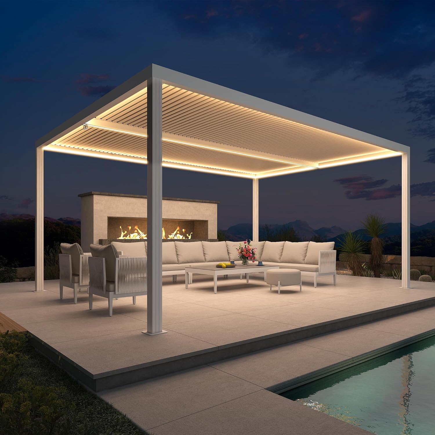 bleujardin - Pergola bioclimatique 4,84x3,68m alu, LED, gouttières