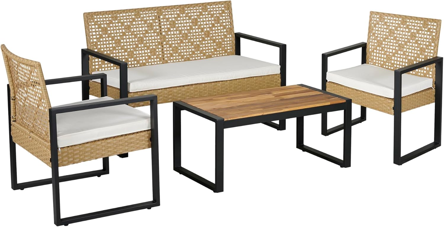 bleujardin - Salon de jardin 4 pièces, acier/acacia, 2 chaises + banc, beige/naturel