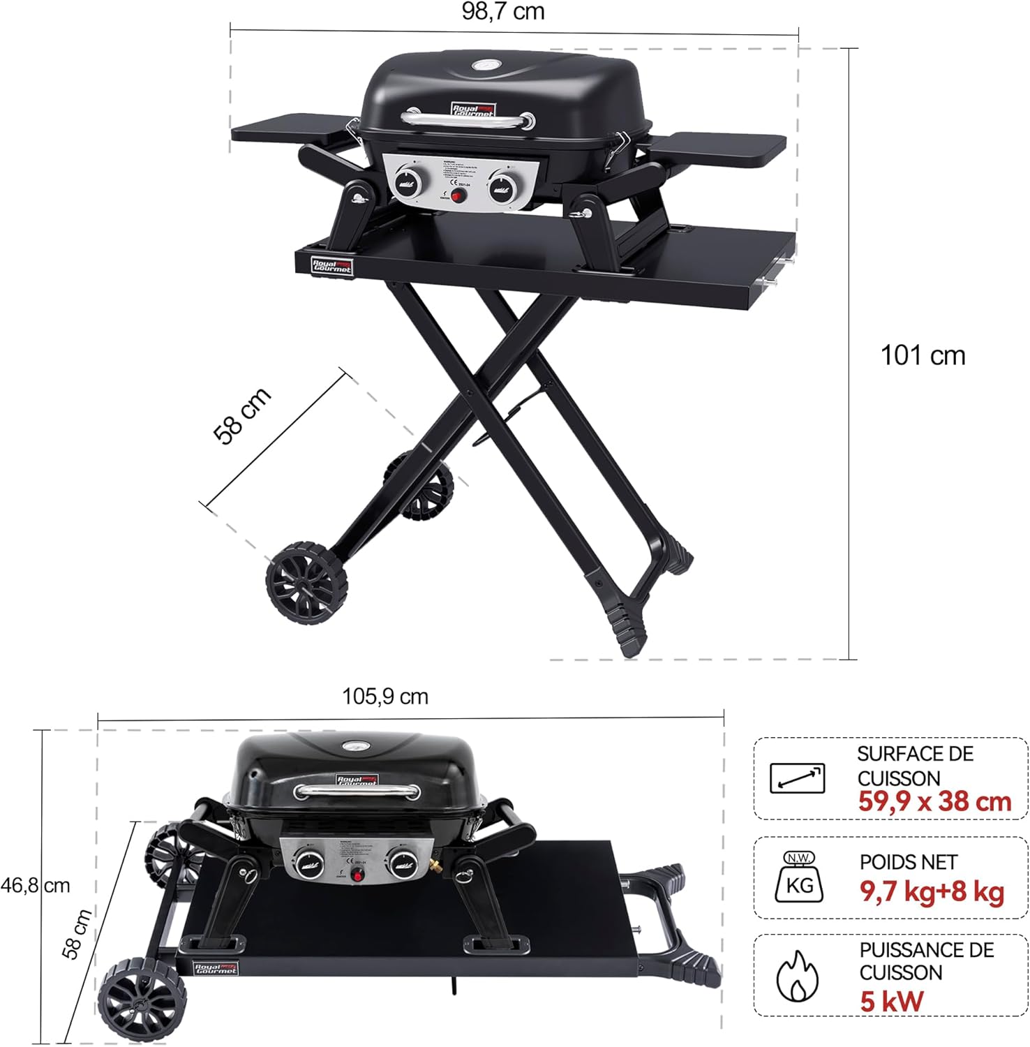 bleujardin - barbecue gaz portable - 48x37 cm - 2 brûleurs, tables pliantes, chariot détachable, 5kW