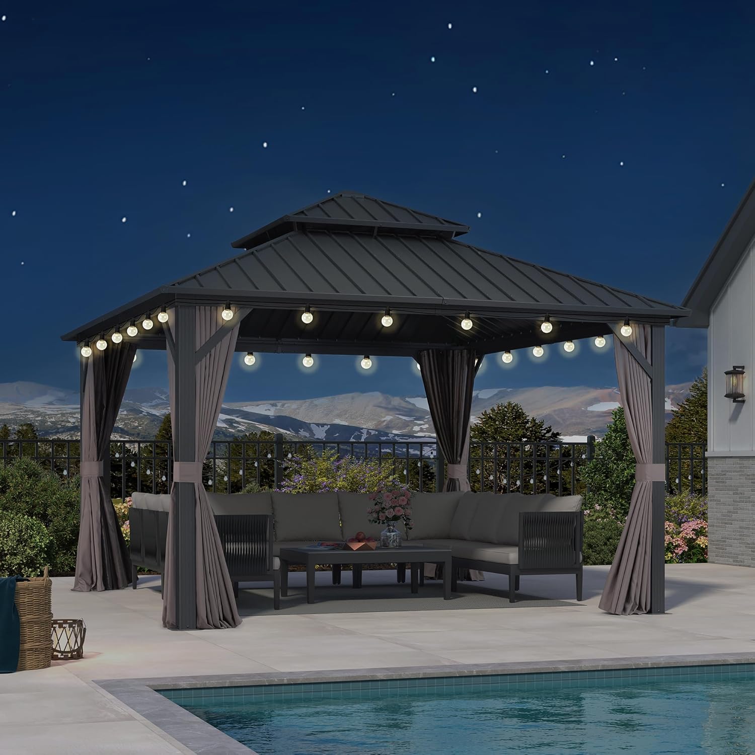bleujardin Tonnelle de Jardin Extérieur 3,65 x 3,65 m avec Guirlande Lumineuse, Pavillon Aluminium à Double Toit en Acier Galvanisé, Pergola Jardin Extérieur avec Rideaux pour Fête, Barbecue, Gris