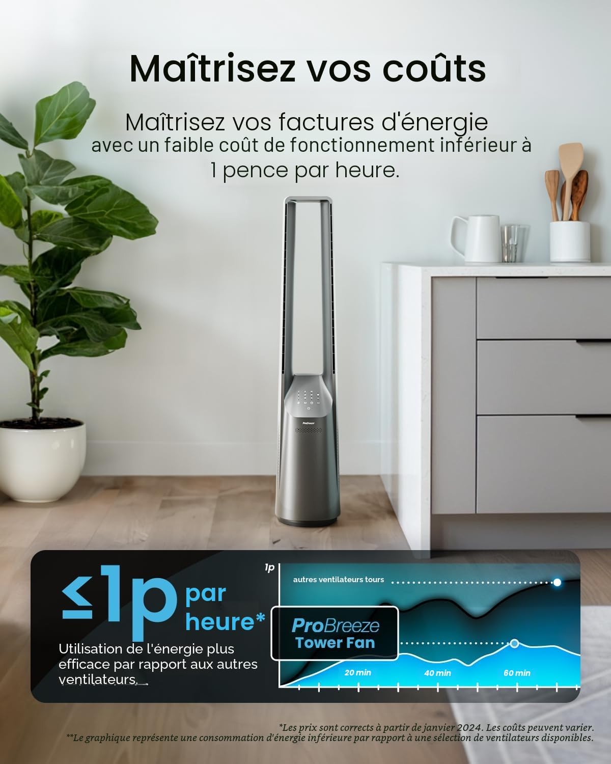 bleujardin - Ventilateur tour 101 cm, 6 vitesses, oscillant, silencieux
