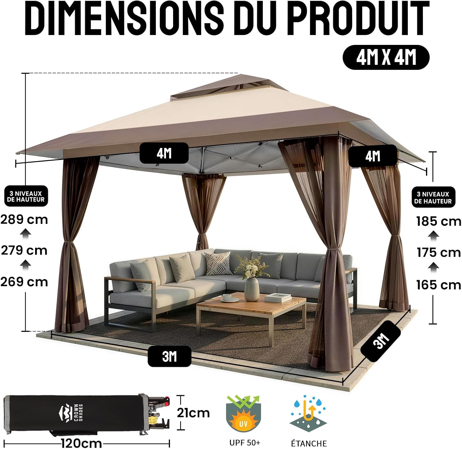 bleujardin Tonnelle de Jardin 4 x 4 m, Pop Up Gezebo Exterieur Imperméable, Abri de Jardin Réglable en Hauteur, Double Toit avec Côtés en Maille Zippée, Sac de Transport, Beige