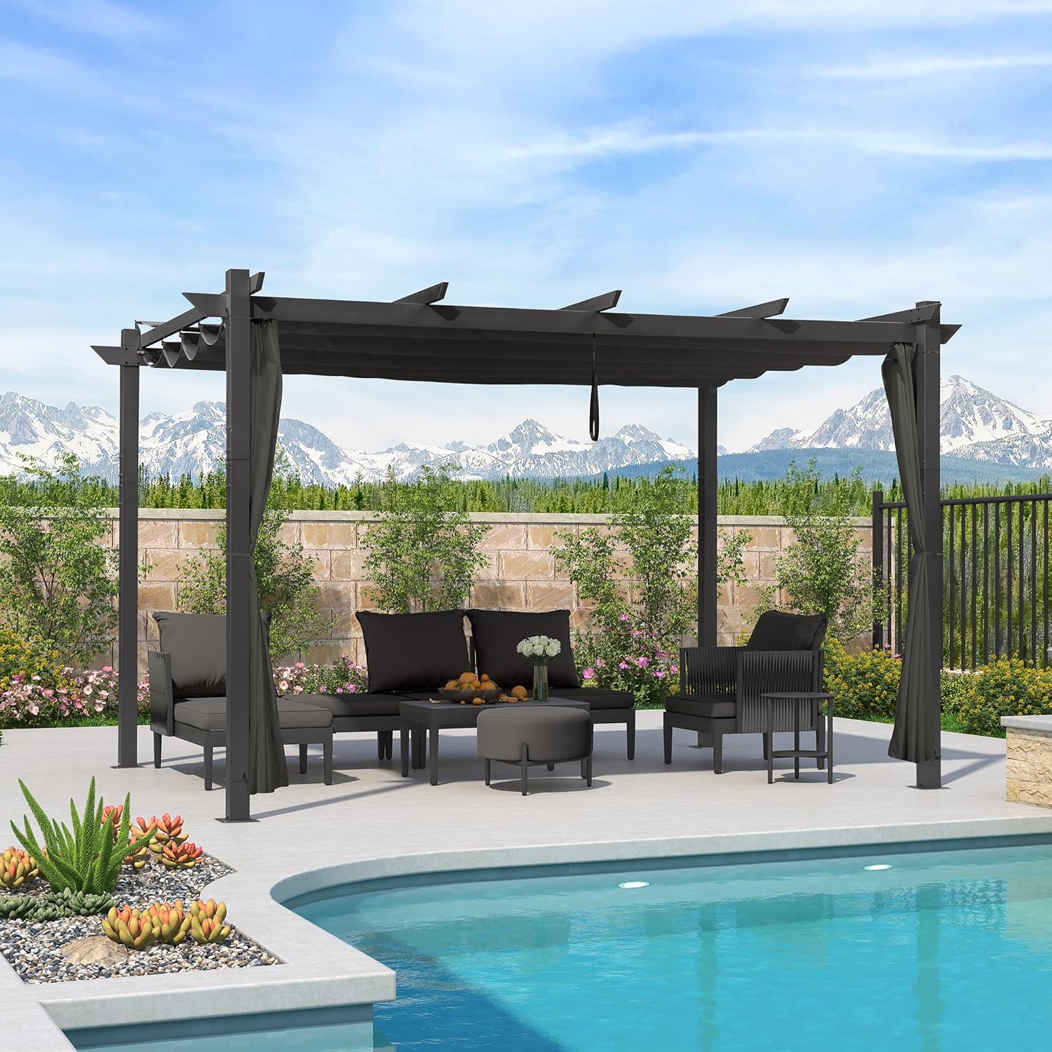 bleujardin - Pergola Aluminium - 4x3m - Rideau, toit rétractable, imperméable
